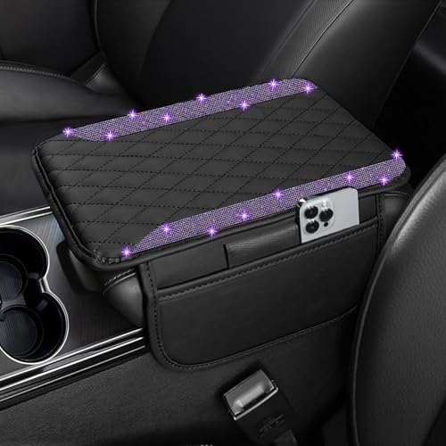 NBTEPEM Bling Car Center Console Armrest Cover, Microfiber Leather and Diamond Middle Console Cover with 2 Storage Bags, Bling Accessories Interior for Most Vehicles (Purple Diamond) - color: Purple Diamond