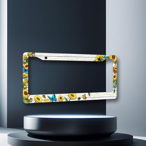 Retro Blue Butterfly Sunflower License Plate Frame Wooden Board Flower License Plate Holders Stainless Steel Car Bracket 2 Holes With Screws Universal Auto Accessory License Plate Frames 6.2x12.2 Inch - color: Retro Sunflower Floral Blue Butterfly