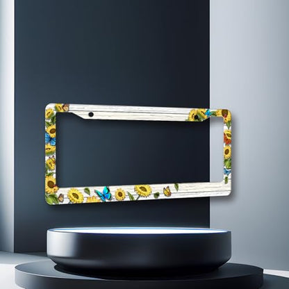 Retro Blue Butterfly Sunflower License Plate Frame Wooden Board Flower License Plate Holders Stainless Steel Car Bracket 2 Holes With Screws Universal Auto Accessory License Plate Frames 6.2x12.2 Inch - color: Retro Sunflower Floral Blue Butterfly