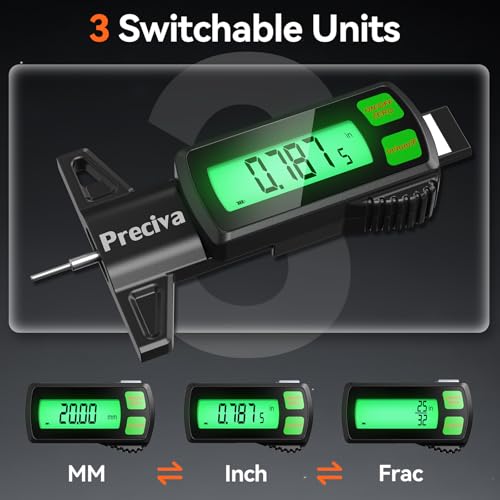 Preciva Rechargeable Tire Tread Depth Gauge, Touch Screen Digital Tire Depth Gauge with Lighting, in/MM/F Conversion, IP54 Waterproof, Auto Power Off, for Tread Depth, Brake Shoe and Pad Wear
