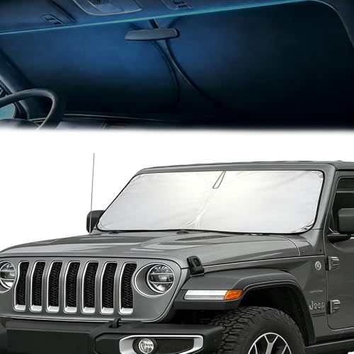 Windshield Sun Shade for Jeep Wrangler TJ JK JL & Gladiator JT Front Window Sun Visor Protector Foldable Block UV Rays Windshield Sunshade Keep Car Cooler - color: For Wrangler-Sliver