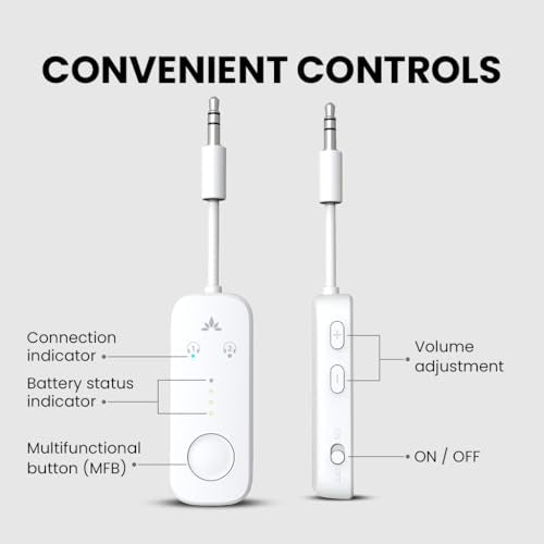 Avantree Relay - Premium Airplane Bluetooth Adapter with Advanced Qualcomm Chipset, 2 Headphones Support, 25hrs Play Time, aptX Adaptive & HD Audio Transmitter for Airpods, Bose & Travel Flight - color: 2-White