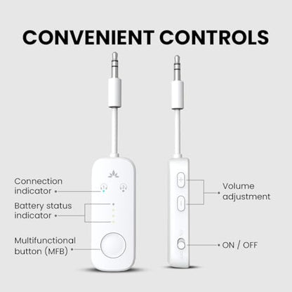 Avantree Relay - Premium Airplane Bluetooth Adapter with Advanced Qualcomm Chipset, 2 Headphones Support, 25hrs Play Time, aptX Adaptive & HD Audio Transmitter for Airpods, Bose & Travel Flight - color: 2-White
