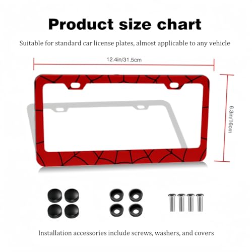 2pcs License Plate Frame Red Spider Web Pattern Aluminum Alloy License Plate Covers Comes with Screw caps Cover Set - color: Red Spider Web