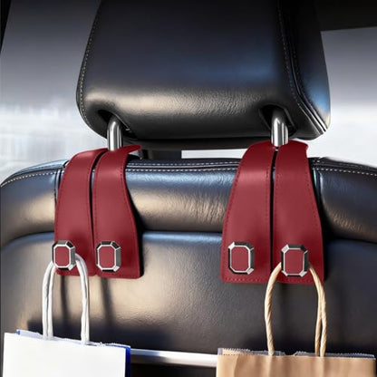 2PCS Car Headrest Hooks, Nappa Leather Metal Vehicle Double Seat Back Storage Hook for Purse Bag Coat, Multifunctional Automotive Interior Hanging Hanger, Universal Fit (Wine Red) - color: Wine Red