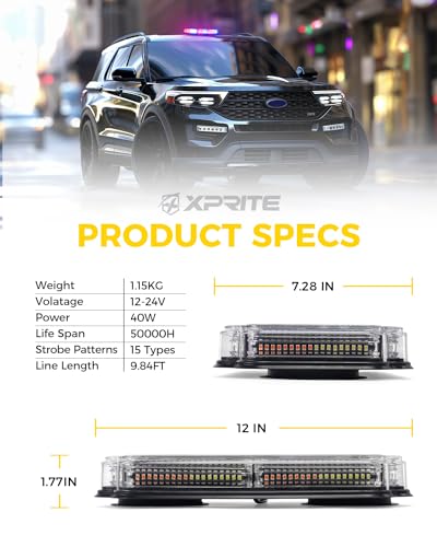 Xprite 108 LED Roof Top Strobe Light, US Flag Pattern Police Flashing Light, Emergency Hazard Warning LED Mini Strobe Lightbar w/Magnetic Base for Police Cop Firefighter EMS Vehicles Truck, Red Blue - color: Red Blue