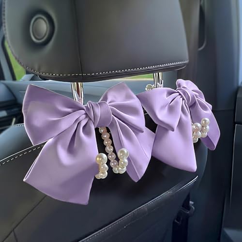 2 PCS Bow Pearl Car Seat Headrest Hook – Cute Purse Hook for Car, Girly Interior Decoration Accessories Hook Hanger, Seatback Holder for Purses & Bags, Elegant Car Organizer (Lavender Purple) - color: Lavender Purple