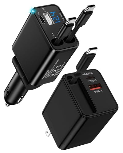 Retractable Car Charger USB-C for Samsung Galaxy S26 Ultra S26+ S25 S24 Apple iPhone 17e 17 Pro Max 16 Air, 47W Fast Car Charger Adapter + 35W Foldable Wall Plug - USB C Charging with Built-in Cables - color: Wall + Car Kit-Black