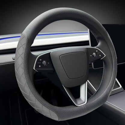 LKWLIKEI Leather Steering Wheel Cover. Elegant Diamond Checkered Design, Non-Slip and Breathable, for Tesla Model 3/Y Steering Wheel Protector,Black - color: Black