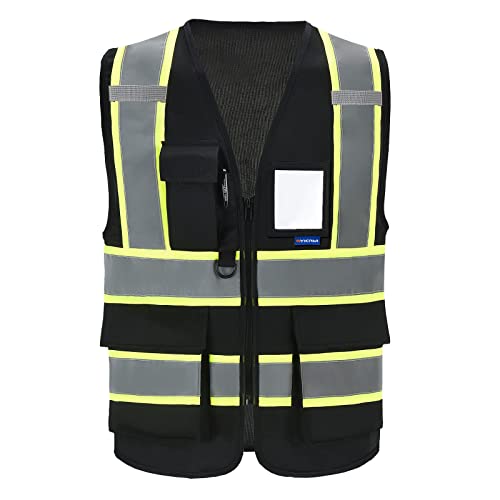 AYKRM 11 color High Vis Reflective Safety Vest for Women Men Pocket Zipper ANSI/ISEA Standard - color: Black, size: 5X-Large