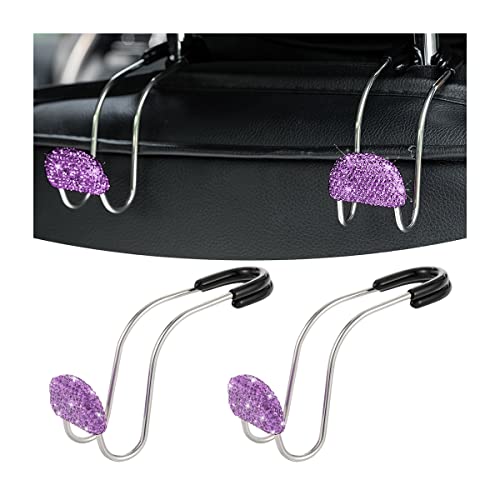 AUCELI Car Headrest Hook, 2 Pack Bling Backseat Organizer Hanger for Purse Clothes Grocery Bag, Rhinestones Auto Headrest Storage Holder, Universal Car Seat Accessories for Most Vehicle (Purple) - color: Purple