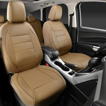 CAR PASS Piping Leather Seat Cover,Universal FIT with Composite Sponge Inside,Airbag Compatible and Reserved Opening Holes,Inside zipper for Cars,Sedan,SUV,Truck(Full Set,Beige with Tan Piping-Stripe) - color: Beige with Tan Piping-Stripe