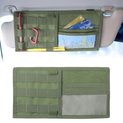 Hovom Car Sun Visor Organizer with Molle Panel, Tactical Visor Organizer Storage Pouch, Multifunctional Auto Sunshade Storage Bag Pocket for Documents Cards, Interior Car Accessories (Army Green) - color: Army Green
