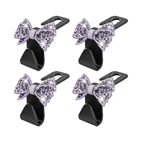 Zpana Bling Car Headreat Hook, 2PCS Crystal Rhinestone Cute Bow Vehicle Seat Back Hanger Storage for Purses Bags Grocery, Diamond Auto Rear Seat Organizer, Universal for SUV Truck Sedan (Purple) - style: Purple/4PCS
