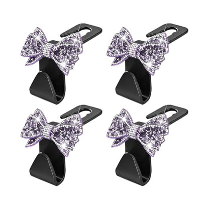 Zpana Bling Car Headreat Hook, 2PCS Crystal Rhinestone Cute Bow Vehicle Seat Back Hanger Storage for Purses Bags Grocery, Diamond Auto Rear Seat Organizer, Universal for SUV Truck Sedan (Purple) - style: Purple/4PCS