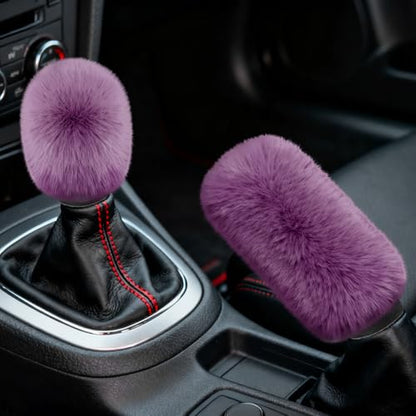2PCS Plush Car Gear Shift Knob Cover & Handbrake Cover, Shift Knob Protector, Soft Fluffy Gear Handbrake Protective Sleeves, Shifter Lever Brake Handle Warm Plush Set for Cars (Grape Purple) - color: Grape Purple
