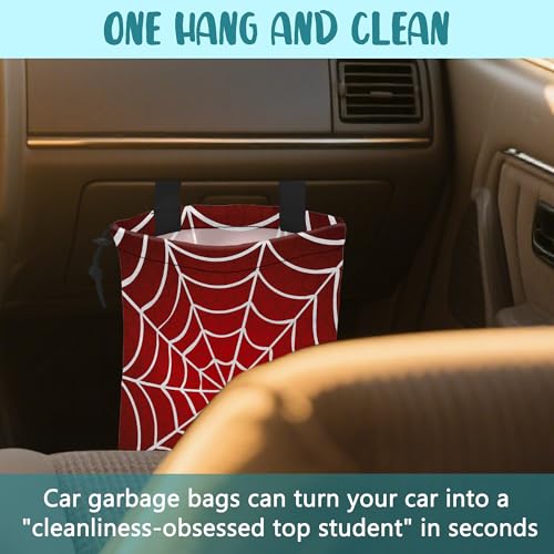 Car Garbage Bag Red and White Spider Web Drawstring Car Trash Bag Hanging for Back Seat with Adjustable Buckle Canvas Vehicle Trash Can Easy-to-Install - color: Red and White Spider Web