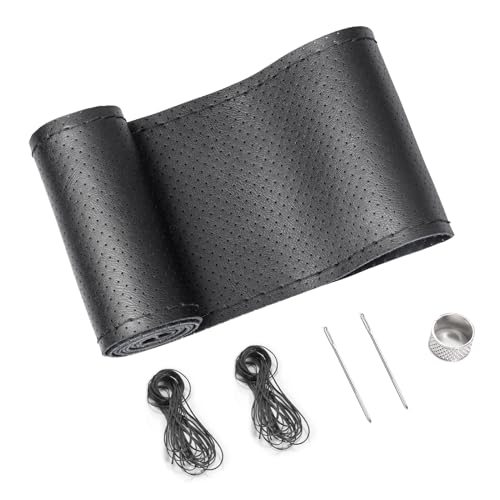 SEG Direct Genuine Leather Steering Wheel Cover, Stitch On Wrap, Breathable Cowhide Steering Wheel Wrap, Standard Size 15 Inch, for Car Truck SUV Pickup Boat, DIY Sewing with Needle Thread, Black - color: Black with Breathable Pores