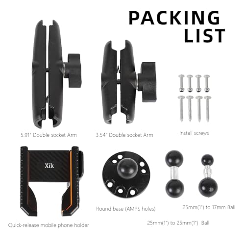 xik Phone Mount Holder with Double Adjustable arm for Boat Kayak Car Truck UTV - Round AMPS Base, [1s Lock & Release][360°Adjustable], Fits 4.7"-7.2" Phones, Heavy Duty, Wall Mount - style: Double-arm style