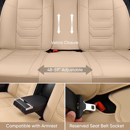 TIEHESYT Beige Car Seat Covers Full Set, Breathable Leather Automotive Front and Rear Seat Covers & Headrest, Automotive Seat Cover, Compatible with Most Cars Sedans SUV Pickup Trucks - color: Faddish Beige, size: Front Pair and Rear