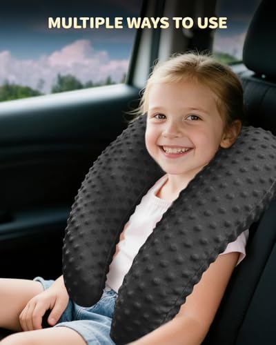 Memory Foam Kids Travel Pillow, Car Pillow for Kids, H-Shape Car Pillows for Sleeping, Removable Pillowcase, Adjustable, Velvet Dots, Black - color: Velvet Dots Black