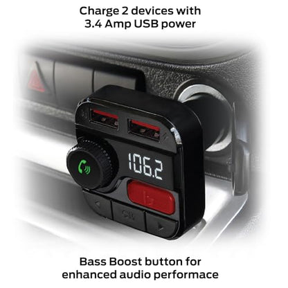 Monster Bluetooth FM Transmitter for Car Cigarette Lighter, Bass Boost, Track Back/Forward, Volume, Play/Answer Buttons, Micro SD Card Slot, Microphone, 2 USB Chargers, Google Voice & Siri Compatible