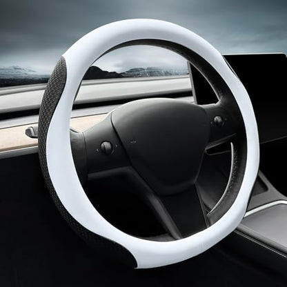 LKWLIKEI Nappa Leather Ultra-Thin Steering Wheel Cover, for Tesla Model 3/Y Steering Wheel Cover, Non-Slip Design and Interior Modification of car Accessories （White） - color: white