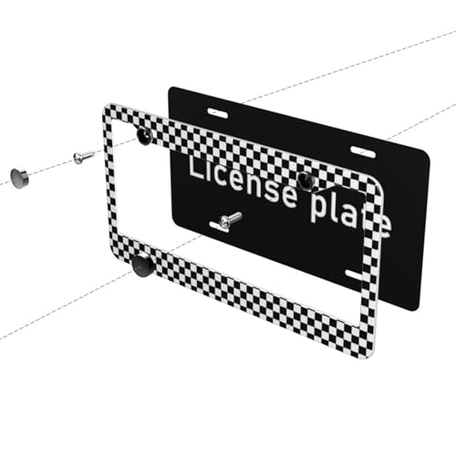 Checkerboard License Plate Frame Black White Checkerboard Steering Wheel Cover Cars Decor Aluminum Checkerboards Plate Frame with Fits Standard Us Ca Vehicles - color: Checkerboard