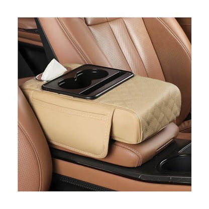 Car Armrest Cushion, 5-in-1 Nappa Leather Vehicle Centre Console Cover with 2 Storage Pockets, Cup Phone & Phone Holder, Multifunctional Auto Organiser Accessories, Universal Fit (Beige) - color: Beige