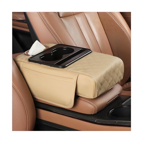 Car Armrest Cushion, 5-in-1 Nappa Leather Vehicle Centre Console Cover with 2 Storage Pockets, Cup Phone & Phone Holder, Multifunctional Auto Organiser Accessories, Universal Fit (Beige) - color: Beige