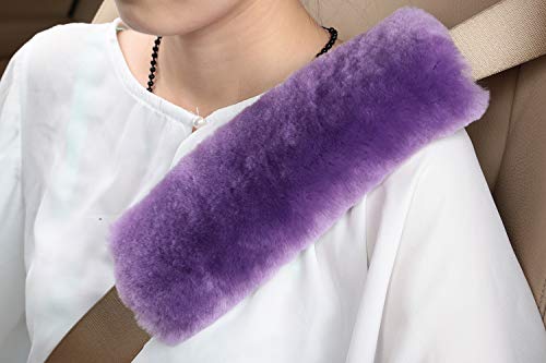 U&M 2 Pack Genuine Sheepskin Auto Seat Belt Cover for Adult Youth Kid Toddlers -Soft Warm Car, Truck, SUV, Camera Backpack Strap Shoulder Pad Wool Fluffy - color: light purple