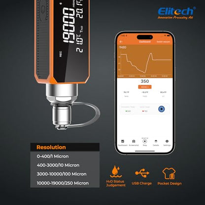 Elitech VGW-Mini Wireless Digital Vacuum Gauge with Adaptor Rechargeable Pressure Tester Meter HVAC 0-19000 Micron, Alarms via APP, Offline Recording, Temp Compensation, 1/4" SAE