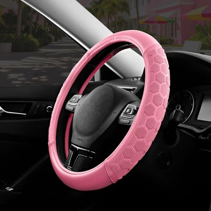 PIC AUTO Massage Steering Wheel Cover, Pink Football Pattern Material Spliced & Pink Leather Car Steering Wheel Cover, Car Steering Cover, Universal Fit 14.5"-15.5" for Cars, Trucks, Van, SUVs - color: Pink