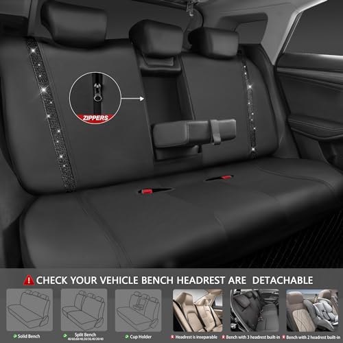 CAR PASS Leather Bling Diamond Car Seat Covers Full Set, Shining Rhinestone Waterproof Durable Rear with Zipper, Universal Fit Automotive Glitter Crystal Sparkle Strip for Cute Women Girly Black - color: Black Diamond, size: Full Set