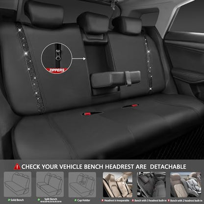 CAR PASS Leather Bling Diamond Car Seat Covers Full Set, Shining Rhinestone Waterproof Durable Rear with Zipper, Universal Fit Automotive Glitter Crystal Sparkle Strip for Cute Women Girly Black - color: Black Diamond, size: Full Set