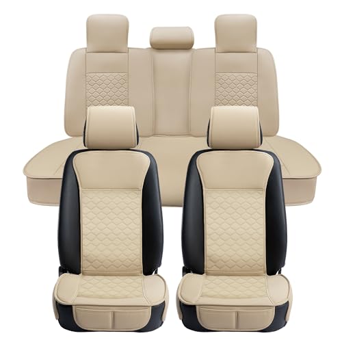 Elantrip Car Seat Cover Full Set Leather Car Seat Protector Universal fit for Most Cars SUVs and Trucks Water Proof Front and Rear Seat Protector Beige - color: Beige, size: Full Set