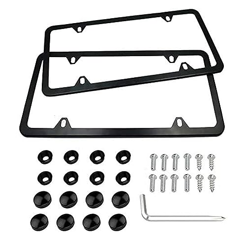 License Plate Frames Black, 2 Pcs 4 Holes Car Licenses Plate Covers Stainless Steel Holders Frame for Plates with Screw Caps.
