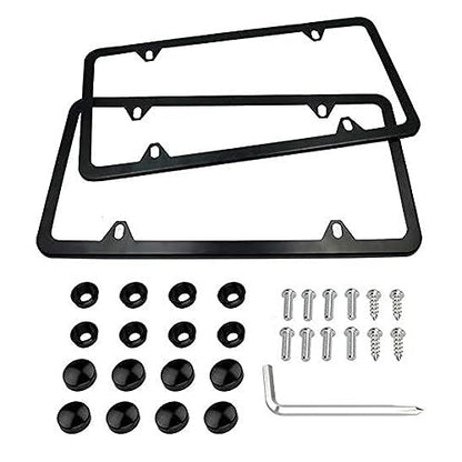 License Plate Frames Black, 2 Pcs 4 Holes Car Licenses Plate Covers Stainless Steel Holders Frame for Plates with Screw Caps.