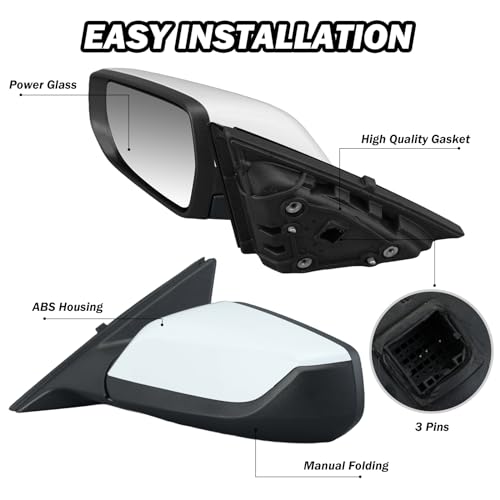 Driver Side View Mirror Compatible with Chevy Malibu 2016 2017 2018 2019 2020 2021 2022 Non Heated Without Signal Light Manual Folding LH(White) - color: 3Pins-WT, size: Left Driver Side