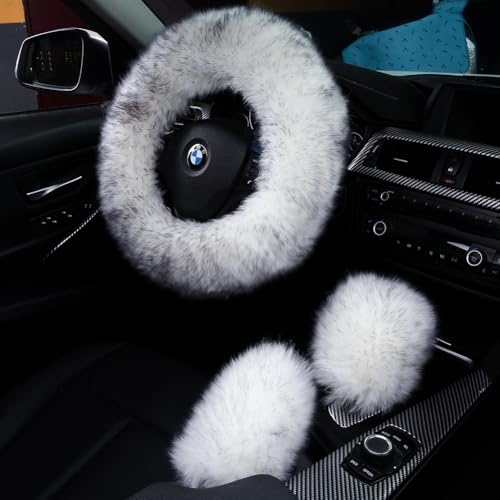 3Pcs Set Fashion Fluffy Fuzzy Wool Fur Soft Car Steering Wheel Cover with Handbrake Cover & Gear Shift Cover for Women/Girls/Ladies Auto Long Wool Accessories, White Black Tip - color: White Black Tip, size: Long Wool