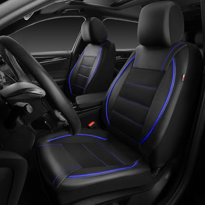 CAR PASS Universal FIT Piping Leather Two Front Seat Covers, Waterproof Faux Leather for SUV Sedan Van Truck, Airbag Compatible,Reserved Opening Holes for Headrest Covers. (Black and Blue) - color: Black Blue
