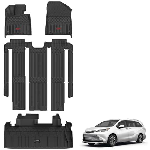 3W Floor Mats & Cargo Liner Fit Toyota Sienna 7 Seat 2021-2026 (Except for 2025 2026 Platinum Edition), TPE All Weather Custom Fit Floor Liner for Sienna XLE/XSE/Limited/Woodland Edition - style: 1. Sienna 7 S|21-26|Full Mats Red Accent
