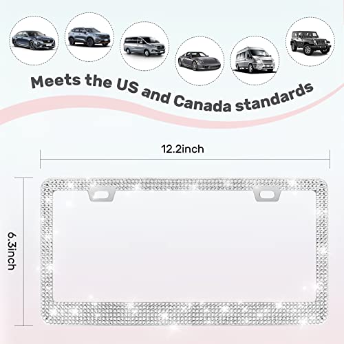 QUANQIUFEI 1 Pack Bling License Plate Frames, Sparkly Rhinestone Diamond Car License Plate Cover for Women, Stainless Steel Car Accessories with Glitter Crystal Caps (1 Pack White) - color: 1 Pack White