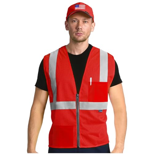 AYKRM 2 Pocket Mesh High Visibility Reflective Safety Vest for men & Women ANSI/ISEA 107 Standards - color: Red, size: Small