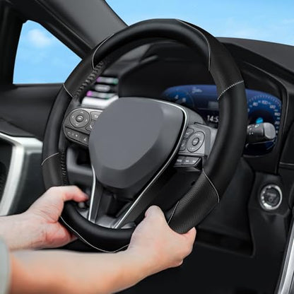 Soft Leather Steering Wheel Cover with Breathable Design and Anti-Slip Grip, Fully Compatible with Tesla, Toyota, Honda, Nissan 14.5-15.2 inch Round Steering Wheel（Sedans and SUVs） - color: DOUBLE-BLACK
