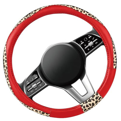 Road Comforts Steering Wheel Cover - Made with PVC Leather and Leopard Fabric - Universal 14 1/2 inches to 15 inches for Most Automotive Steering Wheel - Cheetah Print -Red - color: Round-Red