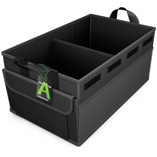 AUTOPTIM Car Trunk Organizer - 60L Collapsible Car Organizer with Non Slip Bottom for Groceries, Trunk Storage with Base Panel for SUV Sedan Van, 2 Compartments (Black, Medium) - size: Medium