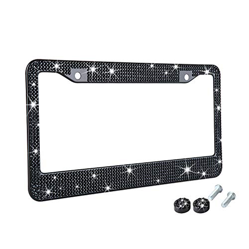 TZARROT Black Rhinestone Bling License Plate Frame, Metal Rust-Proof License Plate Cover Bling Car Accessories for Women Man - color: Black, size: 1pc