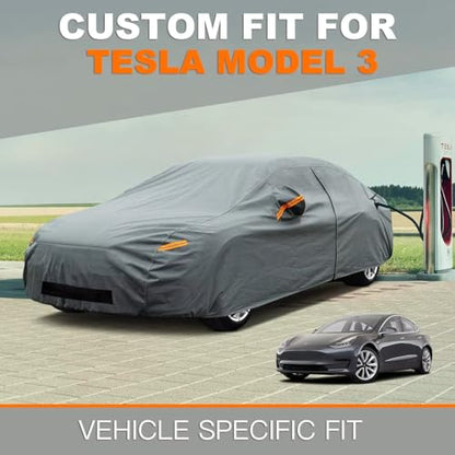 Kayme Heavy Duty Car Cover Waterproof All Weather, Custom Fit for Tesla Model 3, Outdoor Full Exterior Cover with Charging Port and Breathable Ventilation Mesh, Sun and Rain Protection. - size: Custom Fit Tesla Model 3-1