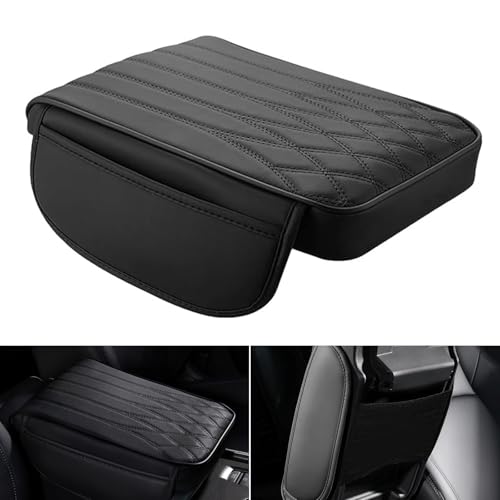 Armrest Cover, Memory Foam Relieve Stress Center Console Pad, Anti-Slip Breathable Leather Storage Box Cover with Storage Bag, Universal for Most Cars Interior Protection Accessories (Black)